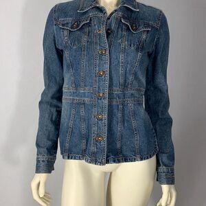 Vintage DKNY Jeans Denim Jacket Medium Y2K Mid Blue Peplum Trucker Womens